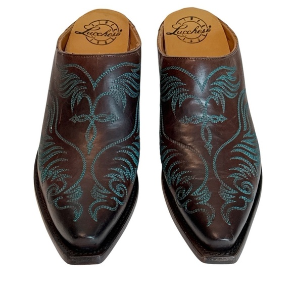 Lucchese Women's Burgundy w/Turquoise Stitched Western Mule Slide  Size 6.5B - Picture 3 of 8